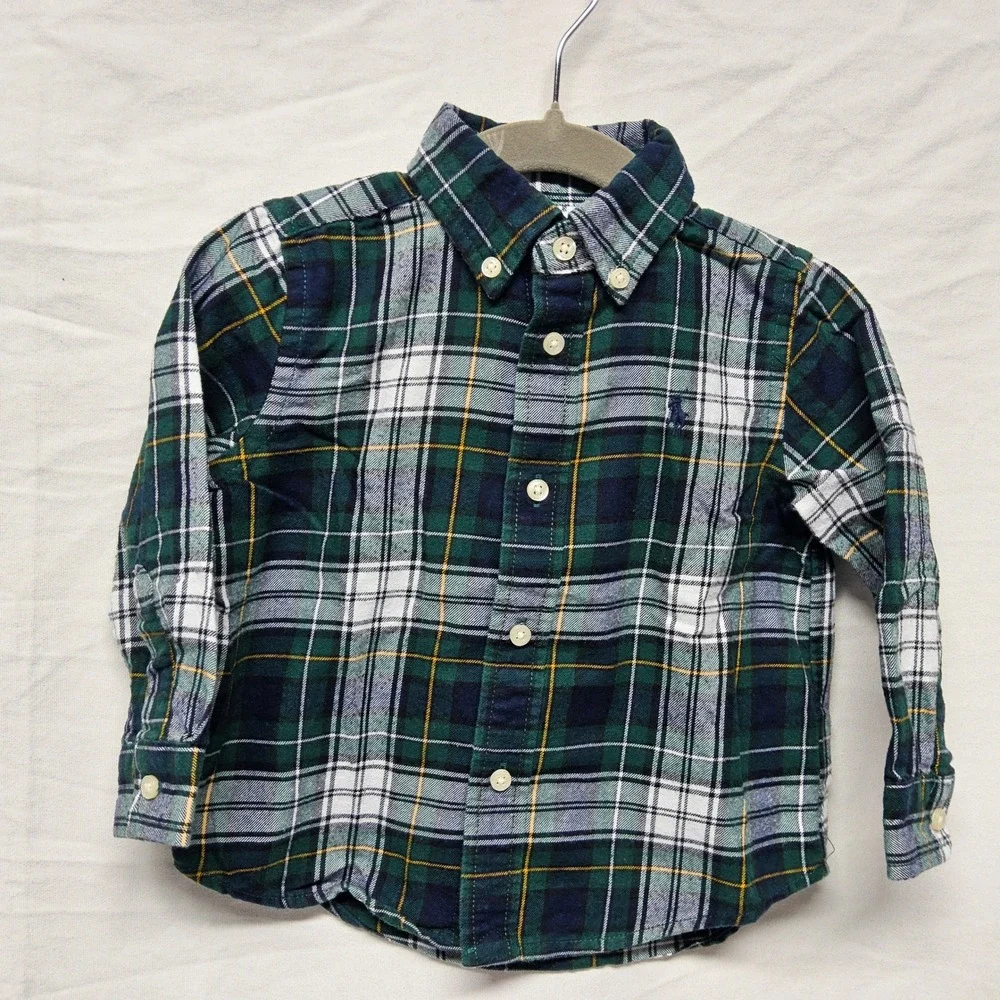 Ralph Lauren Button Down Shirt Kids 18M Green Plaid Performance Long Sleeve